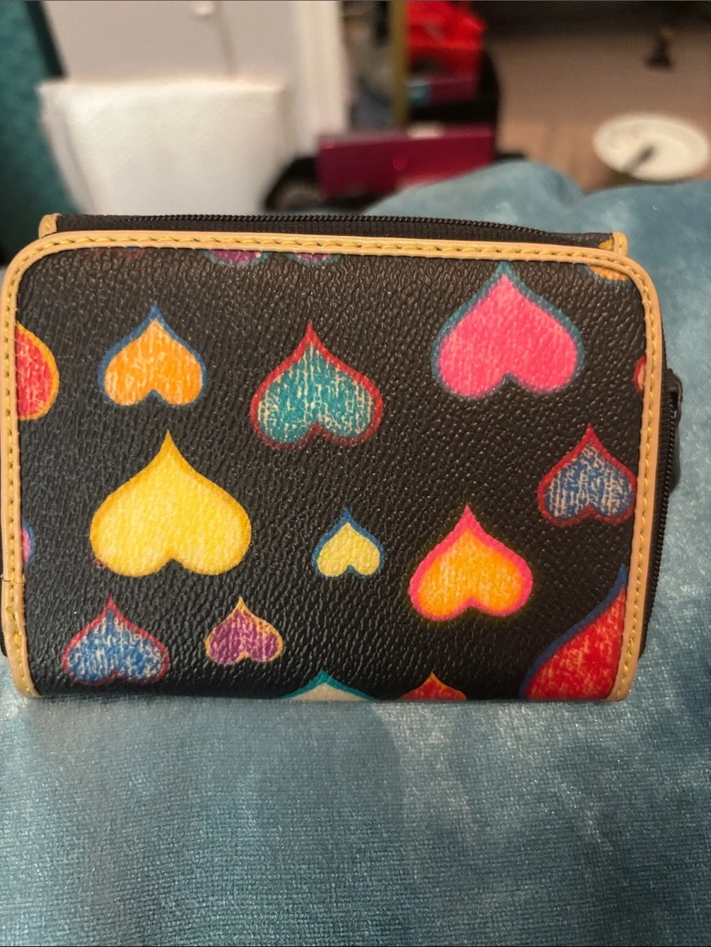 Black Heart Print Women’s Wallet with Tan Trim